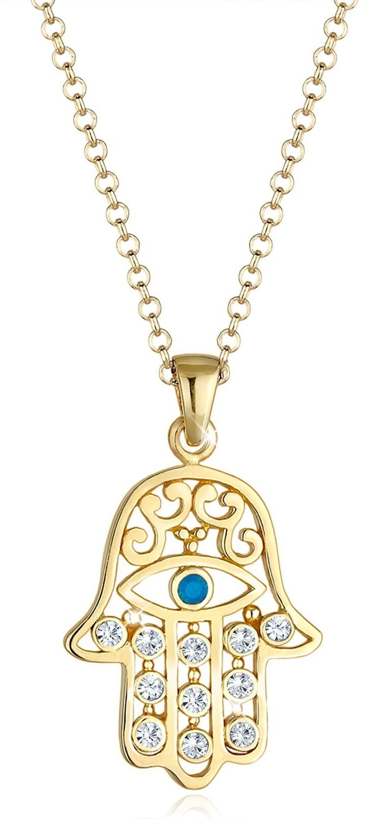 Lange Kette ELLI "Halskette Hamsa Evil Eye Schutzsymbol 925 Silber, mit Kristallen von Swarovski" Gr. 60, gold, Halsketten, Damen, Silber 925 (Sterlingsilber), Lange Kette
