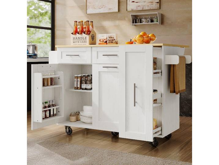 MODFU Kücheninsel,Multifunktionaler Küchenschrank,Sideboard, Aufbewahrungsschrank ,Buffetschrank, Speisewagen,Kücheninsel mit Stretchfunktionsschränken,weiß