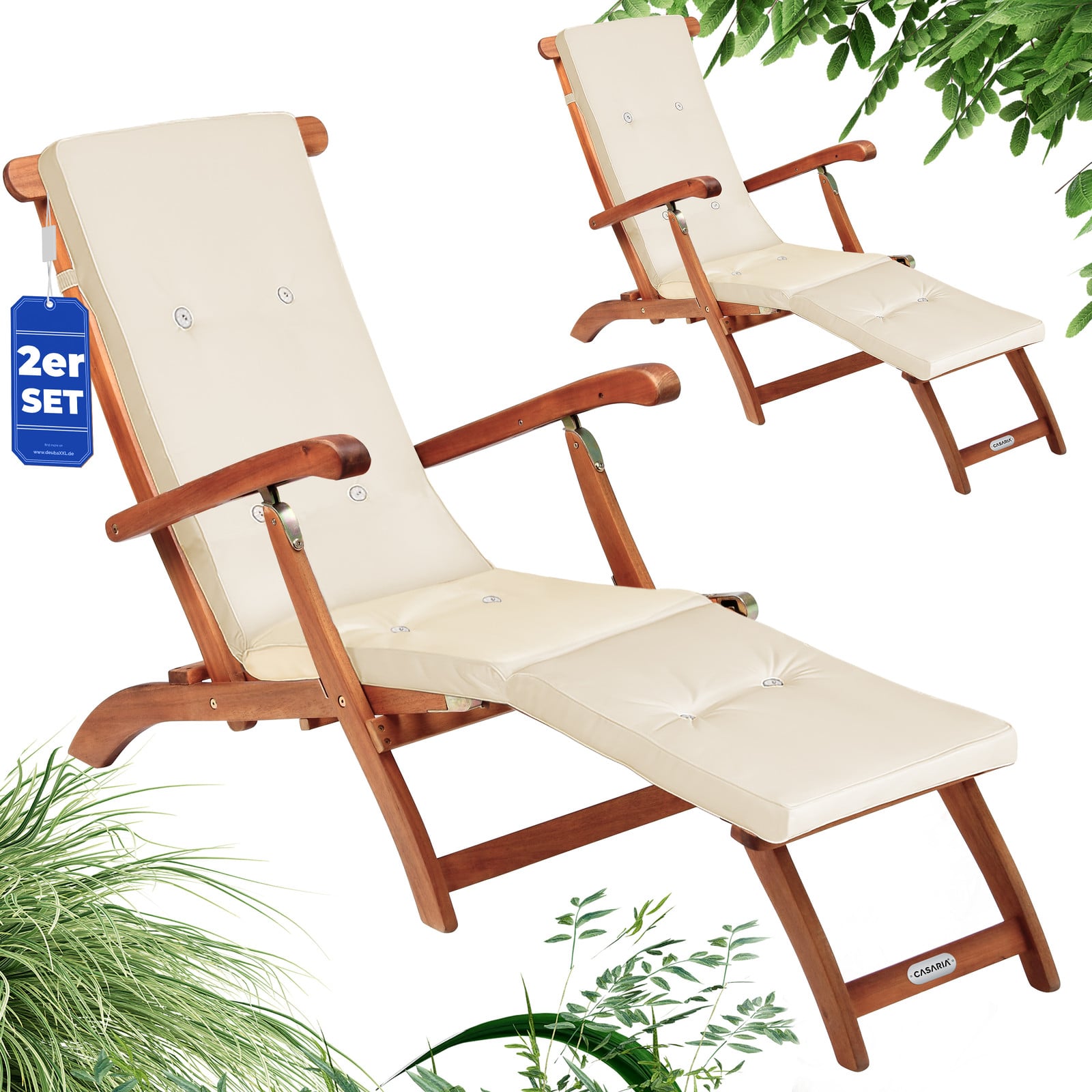 Casaria 2x inklapbaar ligbed met houten acaciaframe en verstelbare rugleuning, crème, 169 x 54 cm