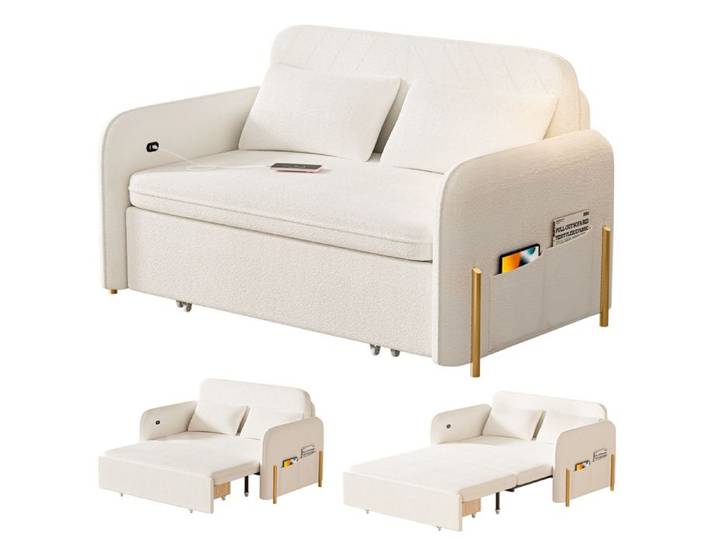 Canapé-lit pliant convertible WILITTO station de recharge et poche latérale deux places en mousse haute densité blanc 134x80x79cm
