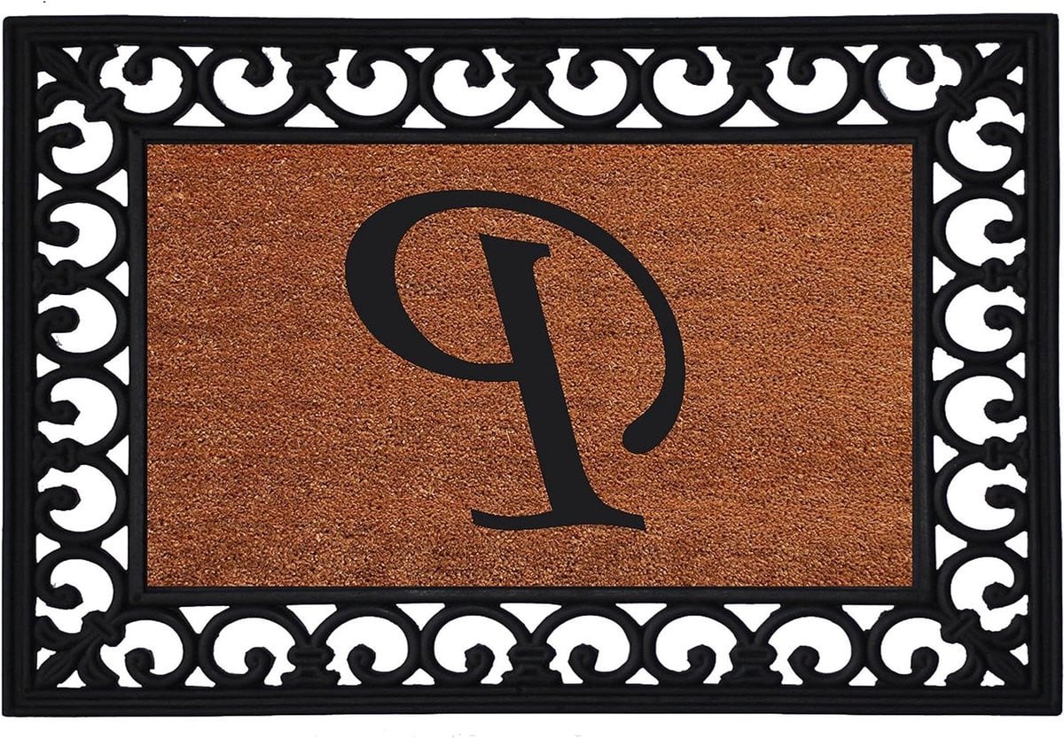 Ingevoegde Deurmat met Monogram Ontwerp voor het Schoonmaken van Schoenen - Natuurlijk/Zwart - 48 x 64 cm