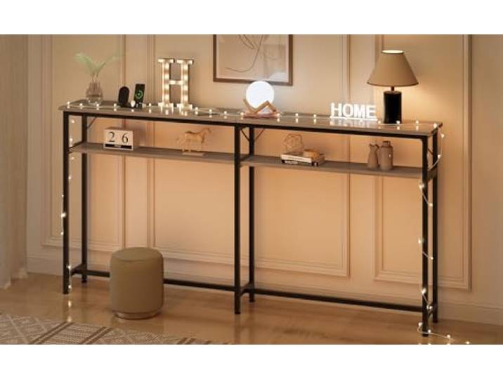GarveeLife Extra Langer Schmaler Konsolentisch 180 cm – 2 Ebenen Mit Ablagen, Industrielles Metallgestell, Langer Sofa- & Flurtisch Für Wohnzimmer/Eingang