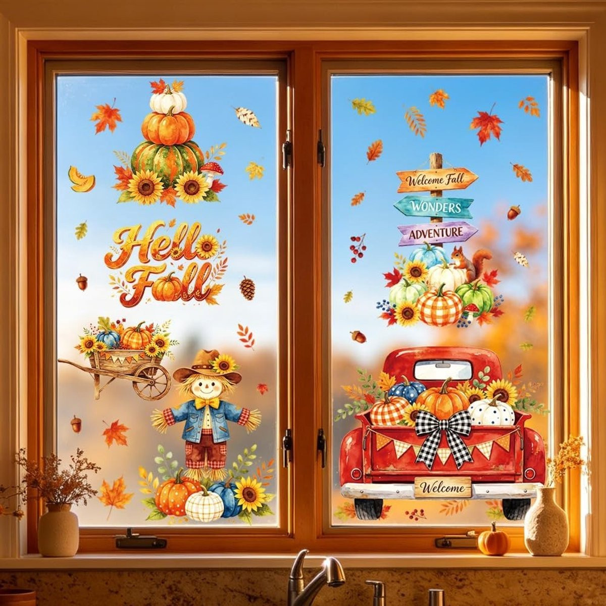 Zelfklevende herfst raamstickers met boerderij elementen en bloemen voor deur en raam