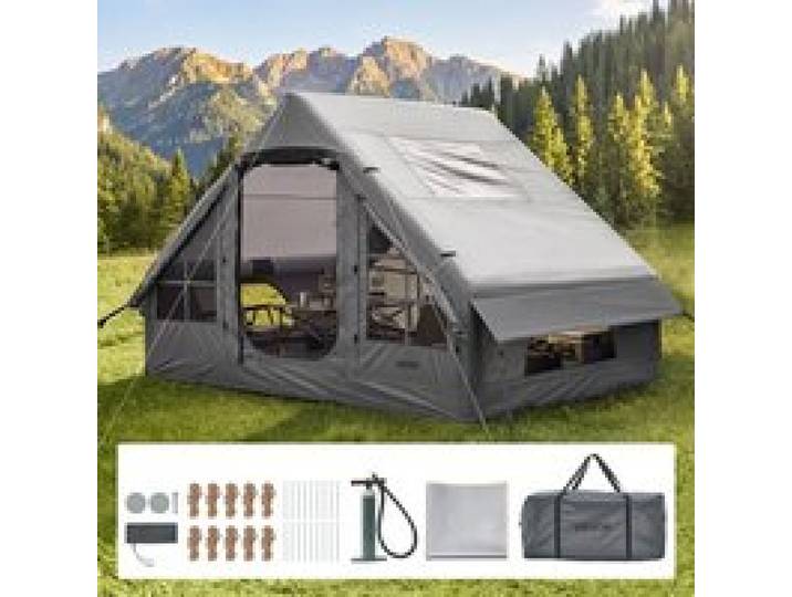 VEVOR Aufblasbares Zelt Campingzelt Luftzelt 2-4 Personen mit Pumpe Grau, für Outdoor-Aktivitäten Wasserabweisendes 420D Oxford-Gewebe Dachfenster Ofenrohrdurchführung Netzfenster & Tragetasche