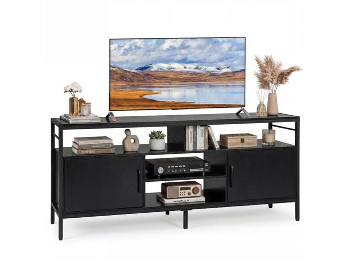 COSTWAY Meuble TV pour TV 65  avec 2 Armoires de Rangement et 4 Étagères Ouvertes Pieds Métalliques pour Salon Chambre Noir