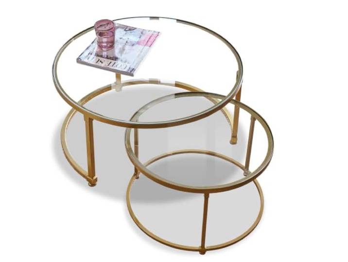 Loberon Couchtisch 2er Set Caraman, Messing/klar Ineinander schiebbar, Stabile Glasplatten, Eisen in Antik-Messing-Optik
