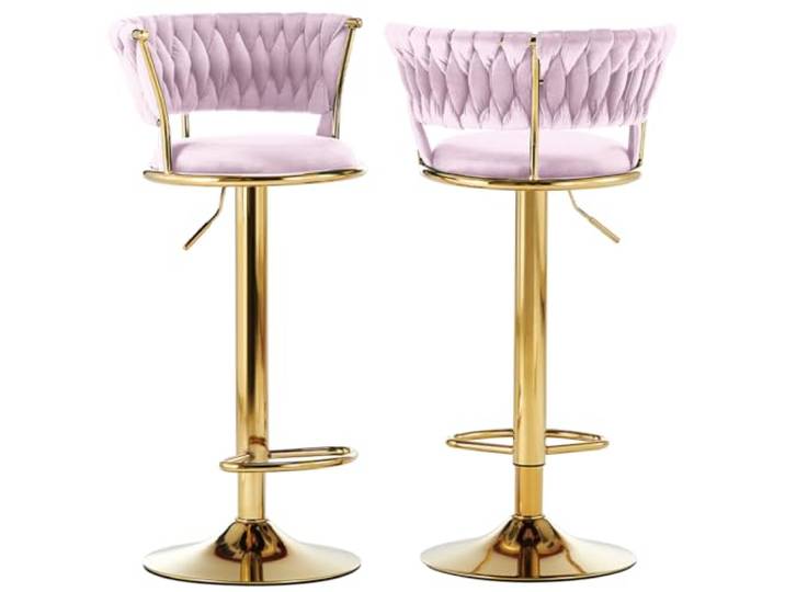BAKAJI Set mit 2 Küchenhockern mit Samtbezug und geflochtener Rückenlehne und Verstellbarer Höhe, Barstühle, Restaurant, drehbarer Rahmen aus Gold mit Fußstütze, modernes Design (Rosa)