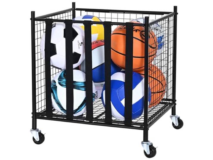 VEVOR Chariot de Rangement à roulettes pour Ballons de Sport\, Cage de Basket-Ball verrouillable avec Sangles élastiques\, Organiseur de matériel de Sport pour intérieur et extérieur\, étagère de