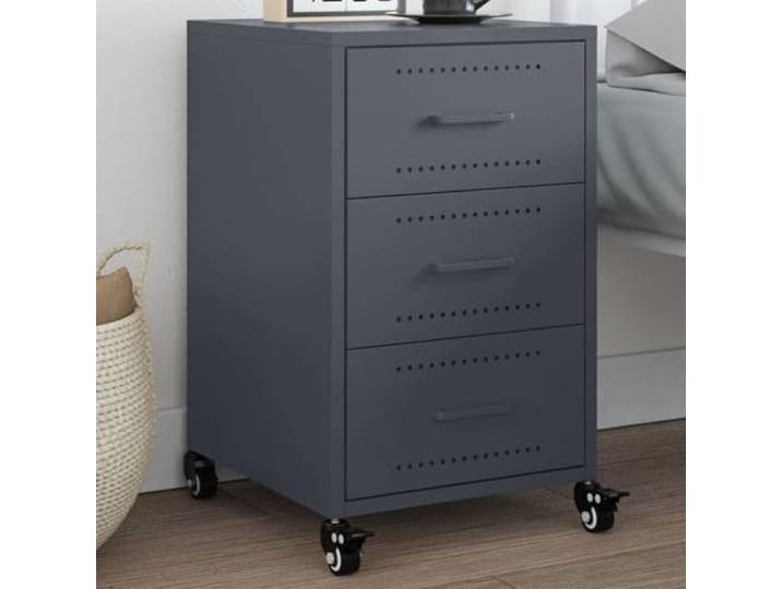 HEFZGDB Nachttisch Anthrazit 36x39x59 cm Stahl mit 4 Rollen und 3 Griffen, Stauraum für Zeitschriften und Bücher, pflegeleichtes Design, Beistelltisch mit Gestell aus kaltgewalztem
