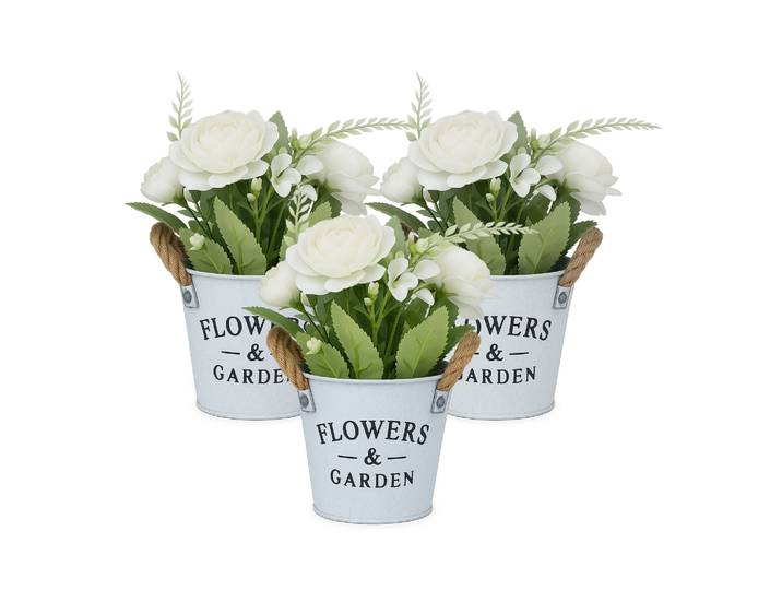 Kunstblumen Topf 3er-Set Weiss-Grün-Grau