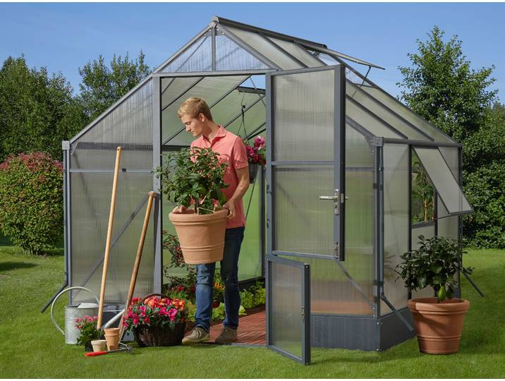 Gewächshaus KONIFERA Genova aus 6 mm Hohlkammerplatten aus UV-stabilisiertem Polycarbonat , grau (anthrazit), B:245cm T:227cm, Gewächshäuser, Gewächshaus, mit hohem Bodenrahmen, Dachfenster, Regenrinne und Regenfallrohr