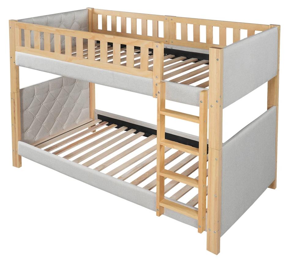 Kinder-Etagenbett - Kinderbett - 90 x 200 cm - Weiche stoßdämpfende Kante - Gerade Treppe mit vier Stufen - Stabiler Lattenrost - Holz und Stoff - Grau