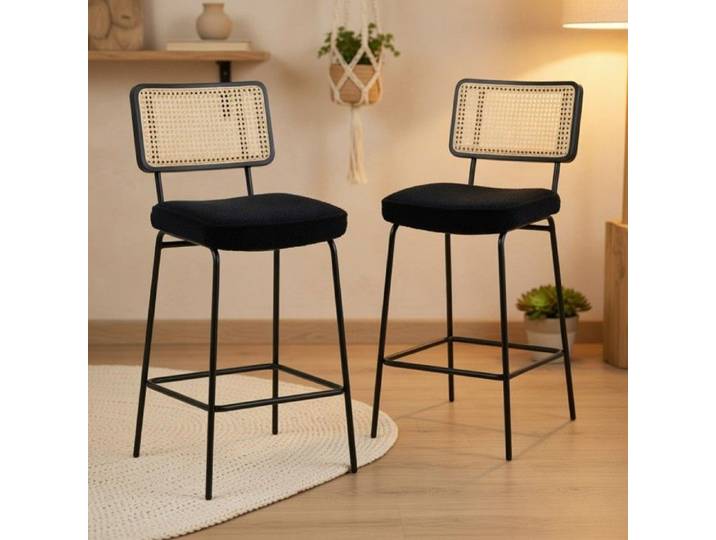 CollaHausse Lot de 2 Tabourets Bar Chenille Sans Accoudoirs Rotin Noir