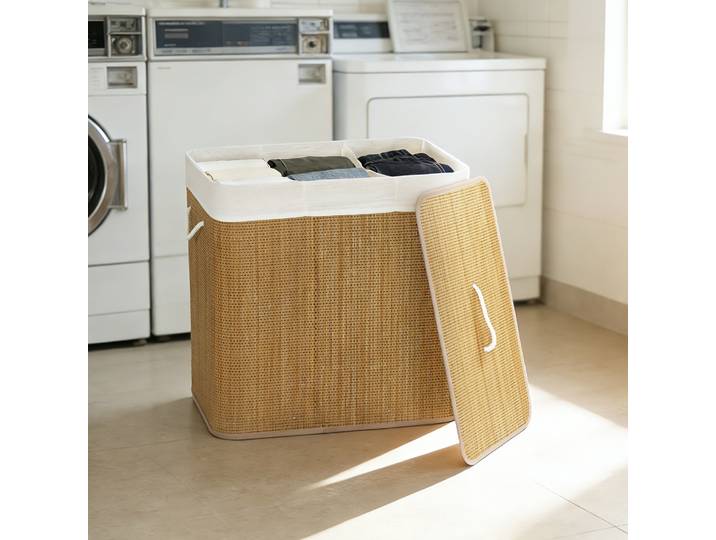 HOMCOM Panier à Linge 144L Bambou 3 Compartiments Marron
