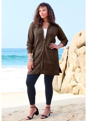 Plus Size Women's Waffle Mega Length Zip Hoodie by Roaman's in Chocolate (Size 12)