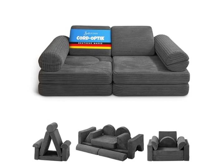 Bestlivings Kindersofa 11-teilig, Spielsofa für Kinder, Kindercouch modular Abnehmbare & waschbare Cordbezüge, formstabile Schaumstoff-Bausteine, bis 100 kg belastbar, OEKO-TEX zertifiziert, Anthrazit