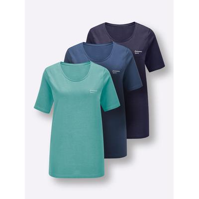 Fledermausshirt CATAMARAN "Dreierpack Shirts", Damen, Gr. 40/42, blau (salbei, jeansblau, marine), 95% Baumwolle, 5% Elasthan, gemustert, unifarben, Rundhals, Shirts Fledermausshirt