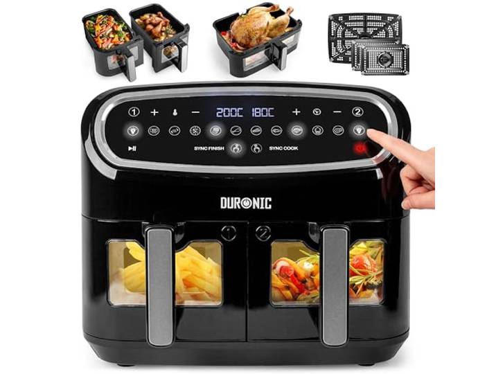 Duronic AF34 BK Set Friteuse à Air avec 1 grand tiroir de 10L et 2 petits tiroirs de 5L inclus 10 Programmes de Cuisson Préréglés Sans huile Fonctions Sync Cook Sync Finish