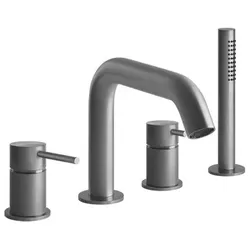 Gessi Trame 316 Vier-Loch Wannenrand-Einhebelmischer mit Auslauf 165 mm, separate 2-Wege Umlenk-Kartusche, Brausedurchführung, 54037299, Farbe: Schwarz XL