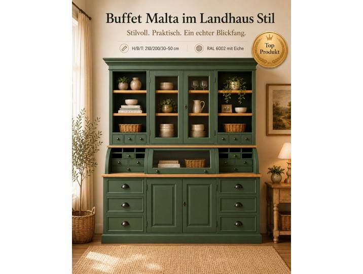 Wohnpalast Buffet Landhaus Buffet Schrank Malta Ladenschrank laubgrün mit Eiche 200 cm