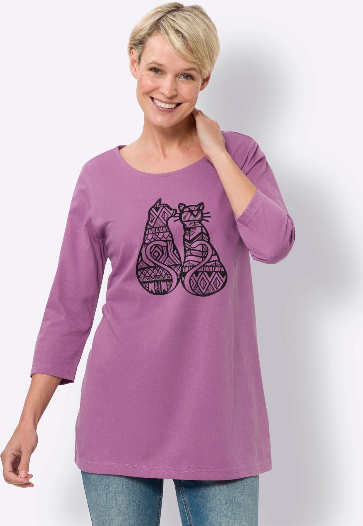 Longshirt CLASSIC BASICS "Longshirt", Damen, Gr. 50, lila (violett, schwarz), 100% Baumwolle, bedruckt, gemustert, Rundhals, Shirts Longshirt violett, schwarz 50
