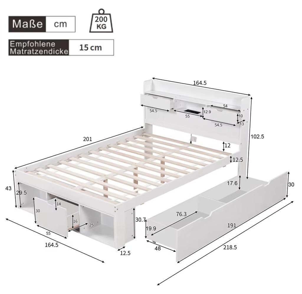 Eltern-Kind-Doppelbett - 160 x 200 cm - USB-Anschlüsse - Schubladen und Stauraumschrank - Kiefernholz - Ohne Matratze - Weiß
