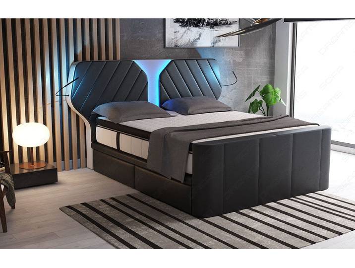 Boxspringbett Nizza mit LED, Schubladen, Matratze und Topper