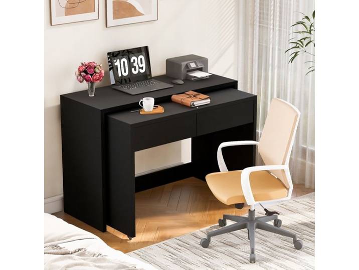 Luscriate - Bureau compact 2-en-1 escamotable 110x40x78 cm 2 tiroirs roulettes (2 freins) – noir