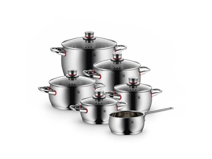 WMF Quality One Topfset Induktion 6-teilig, Kochtopf Set mit Glasdeckel, Cromargan Edelstahl poliert, Induktions Töpfe Set unbeschichtet, Dampföffnung