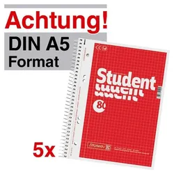 Brunnen 5x Collegeblock »Student Kleinformat« A5 kariert 5 x 5 mm rot