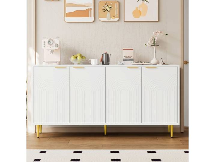 Buffet de cuisine 160x40x80 cm avec poignées dorées et 4 portes Buffet avec pieds brillants commode Buffet salon en blanc