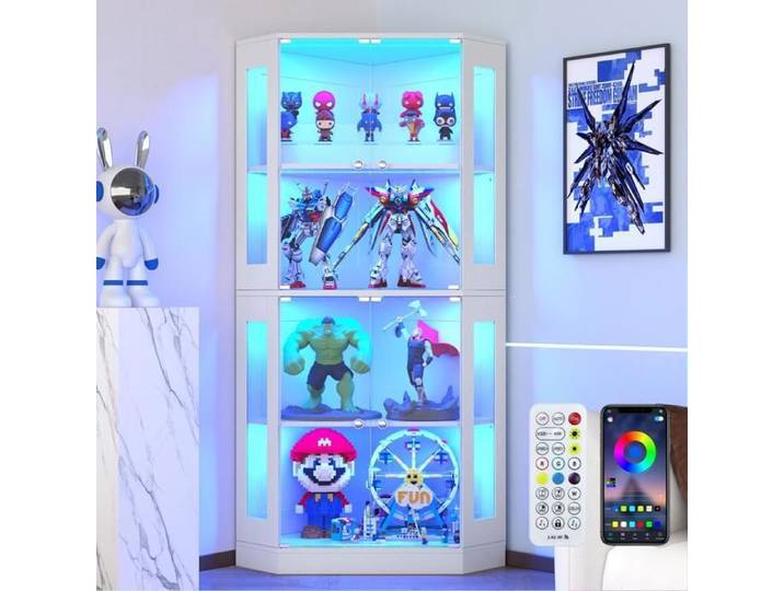 Vitrine d'Angle en Verre - Vitrine d'Exposition -VOWNER- Meuble Rangement LED - Meuble Figurine Collection - Blanc
