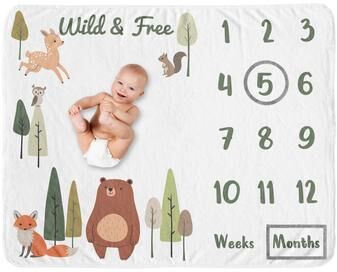 Sweet Jojo Designs Woodland Animals Boy, Girl, Unisex/Gender Neutral Baby Monthly Milestone Blanket - Sage Green, Forest Friends