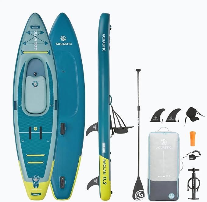 Raglan 11'2 Kajak-SUP Hybrid aufblasbar - SUP Board mit Kajaksitz, Paddel, Pumpe, 2 Finnen und Rucksack