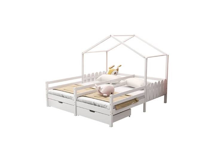 Merax Hausbett 90x200 cm mit zwei Liegefläche und Schubladen, Hausbett mit Rausfallschutz und Lattenrost