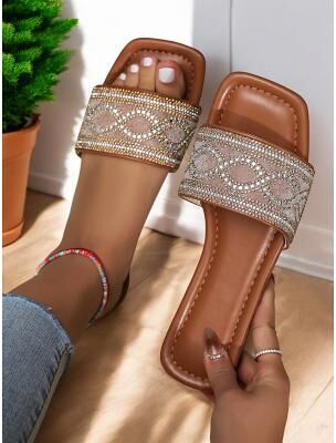 LightInthebox Brown Rhinestone Embellished Slip-On Sandals – Elegant Summer Flat Sandals for Women
