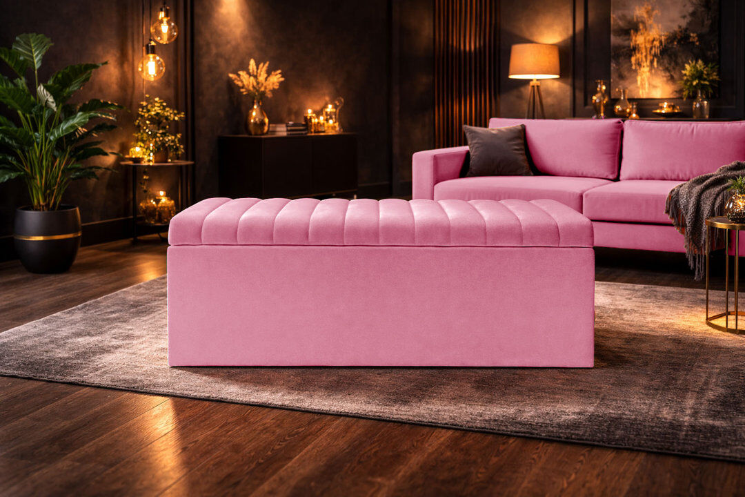 AZ Interiors Royal Furniture Royal Velvet Storage Ottoman Box with Hinged Lid   Lined Upholstered End of Bed Storage Bench   Soft Close Storage Seat   Made in UK Pink 90W x 40D x 40H CM