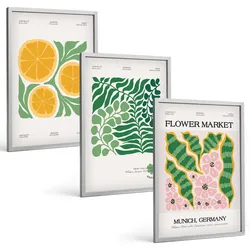 BILDER SET 3er Set - 40x60 cm Silberner Rahmen - Pastellfarbene Frucht- und Pflanzenmotive