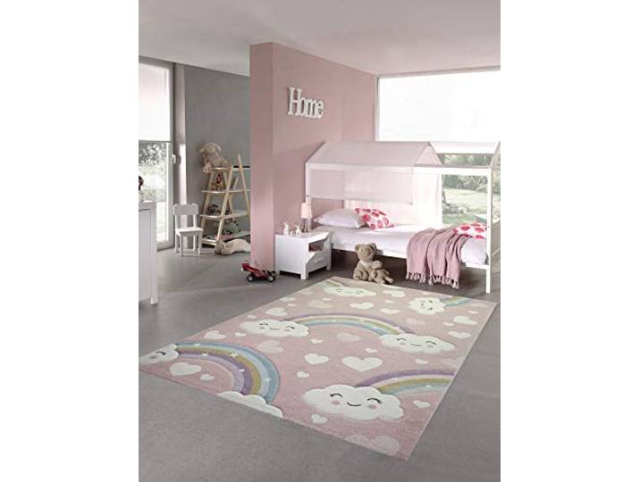 Teppich-Traum Kinderteppich Kinderzimmerteppich Regenbogen mit Wolken und Herzen in rosa Größe 200 x 290 cm