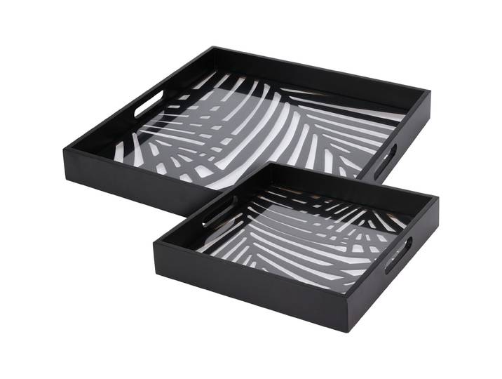Tablett Set, quadratisch, Serviertablett aus Glas und Holz