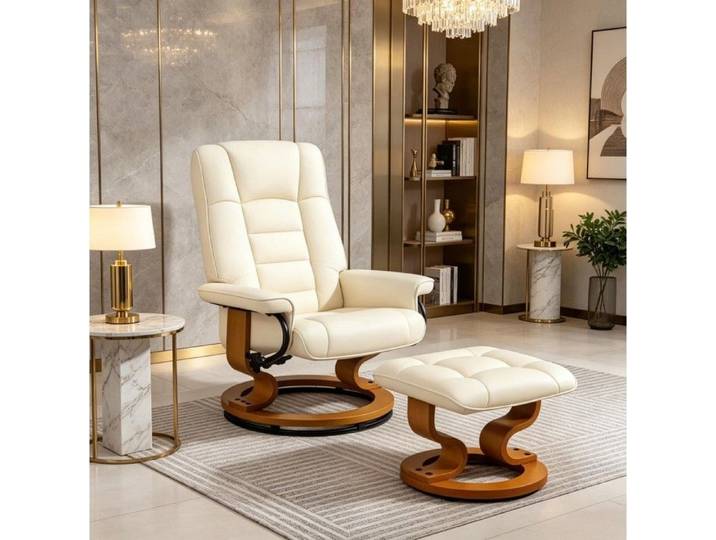 ROVRYN Fauteuil relax inclinable manuel pivotant 360° avec repose-pieds revêtement synthétique crème