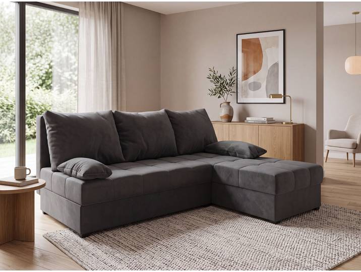 Dunkelgraues klappbares Ecksofa ZENA, beidseitig verwendbar