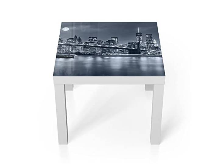 DEQORI Glastisch weiß klein 55x55 cm Motiv Vollmond über New York ausgefallener Beistelltisch aus Glas Hochglanz Couchtisch fürs Wohnzimmer moderner Couch Tisch mit Design