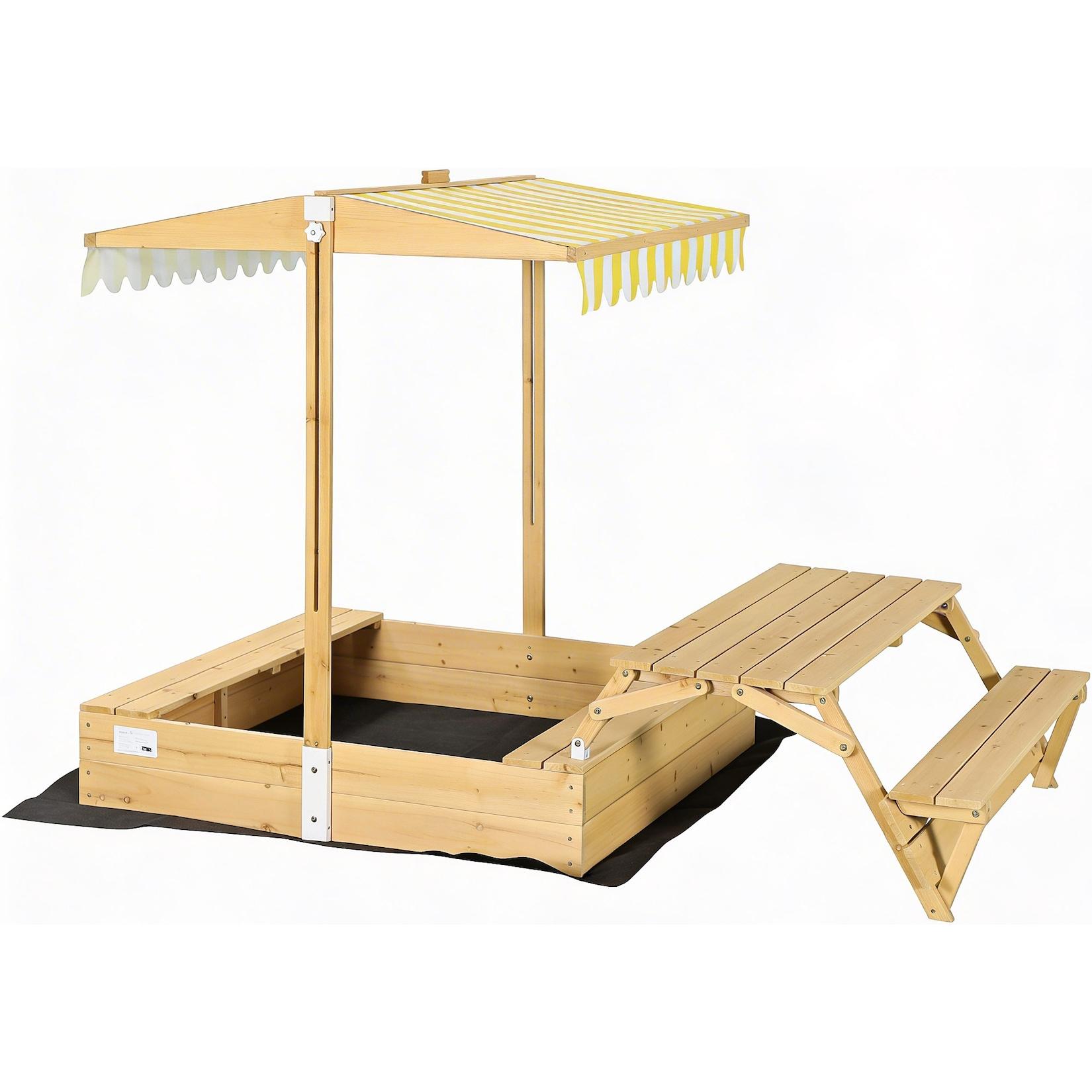needs&wants® Holz Sandkasten mit Picknicktisch und Dach, Bänken & Abdeckung, Kinder Sandkiste mit klappbarem Deckel, UV-Sonnenschutz, Sandbox quadratisch für Garten Outdoor Spielplatz, 185x110 cm, gelb weiß braun