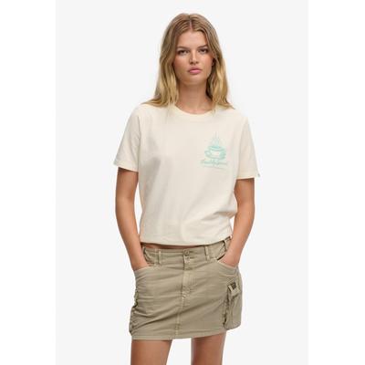 Print-Shirt SUPERDRY "ROADSIDE TRADE RELAXED TEE", Damen, Gr. M, desert bone sanftes weiß, Single Jersey, Obermaterial: 100% Baumwolle, bedruckt, relaxed fit normal, Rundhals, Shirts, aus Baumwolle in Single Jersey, Relaxed Fit, Kurzarm