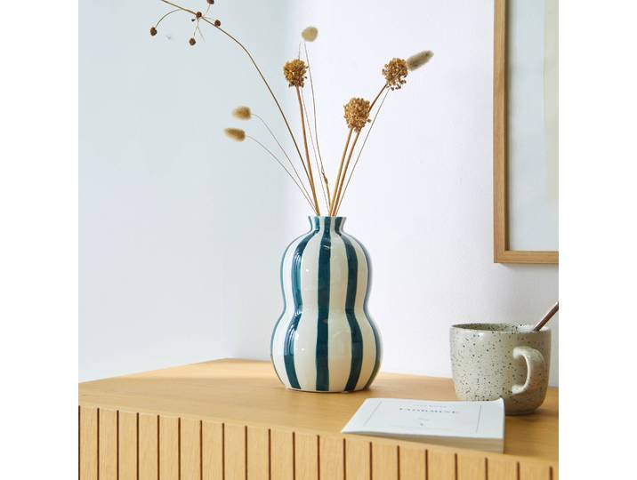 Vase grès rayé bleu blanc - Blancheporte