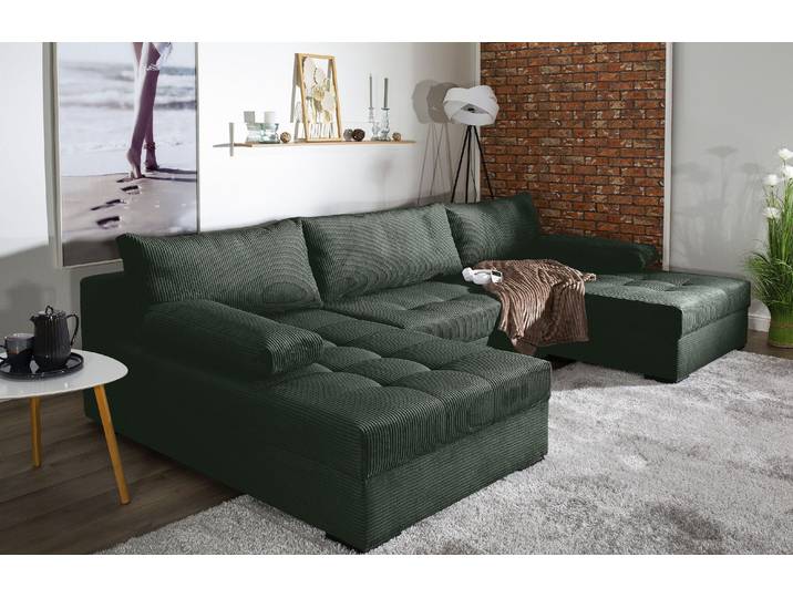 Wohnlandschaft COLLECTION AB Josy U-Form, B: 307 cm , grün (flaschengrün), B:307cm H:41cm T:161cm, 100%Polyester, Sofas, Wohnlandschaft, Schlaffunktion & Bettkasten, Federkern