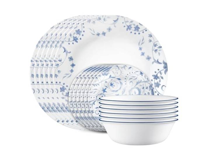 Corelle Vitrelle 18-teiliges Geschirrset für 6 Personen, dreilagiges Glas und splitterfest, leichte runde Teller und Schüsseln, Darlington