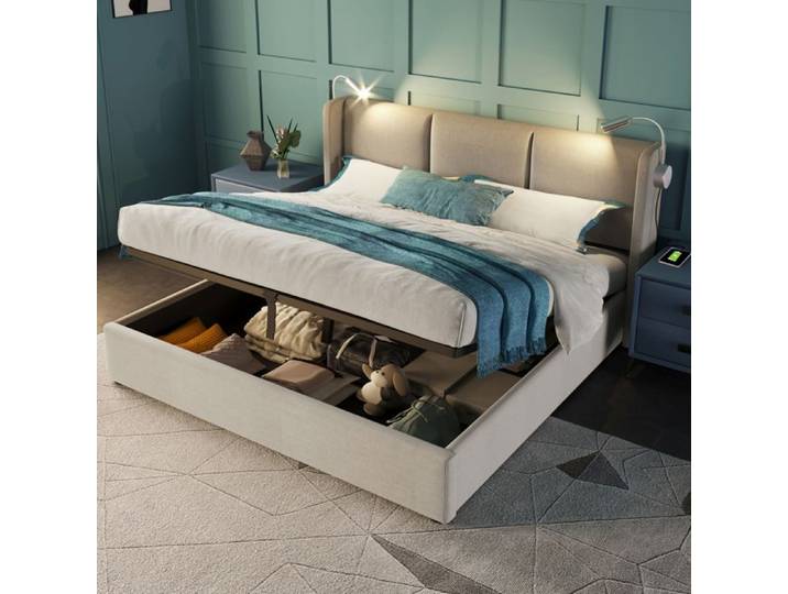 Lit coffre 160×200 cm avec lampe Lecture LED lit double avec rangement et USB cadre à lattes Cadre de lit 160×200 Lin Gris