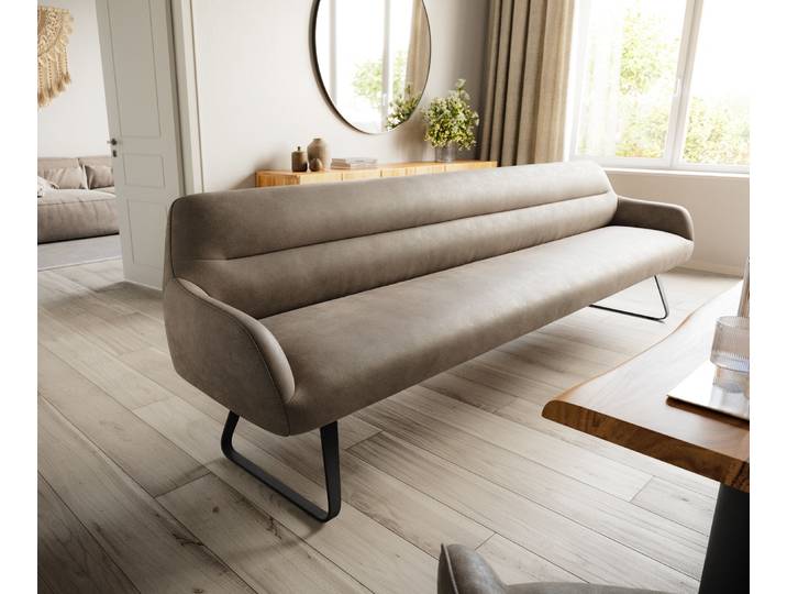 Esszimmerbank Taya-Flex 300 cm Mikrofaser Taupe Vintage Kufengestell flach Schwarz Taschenfederkern, Bänke